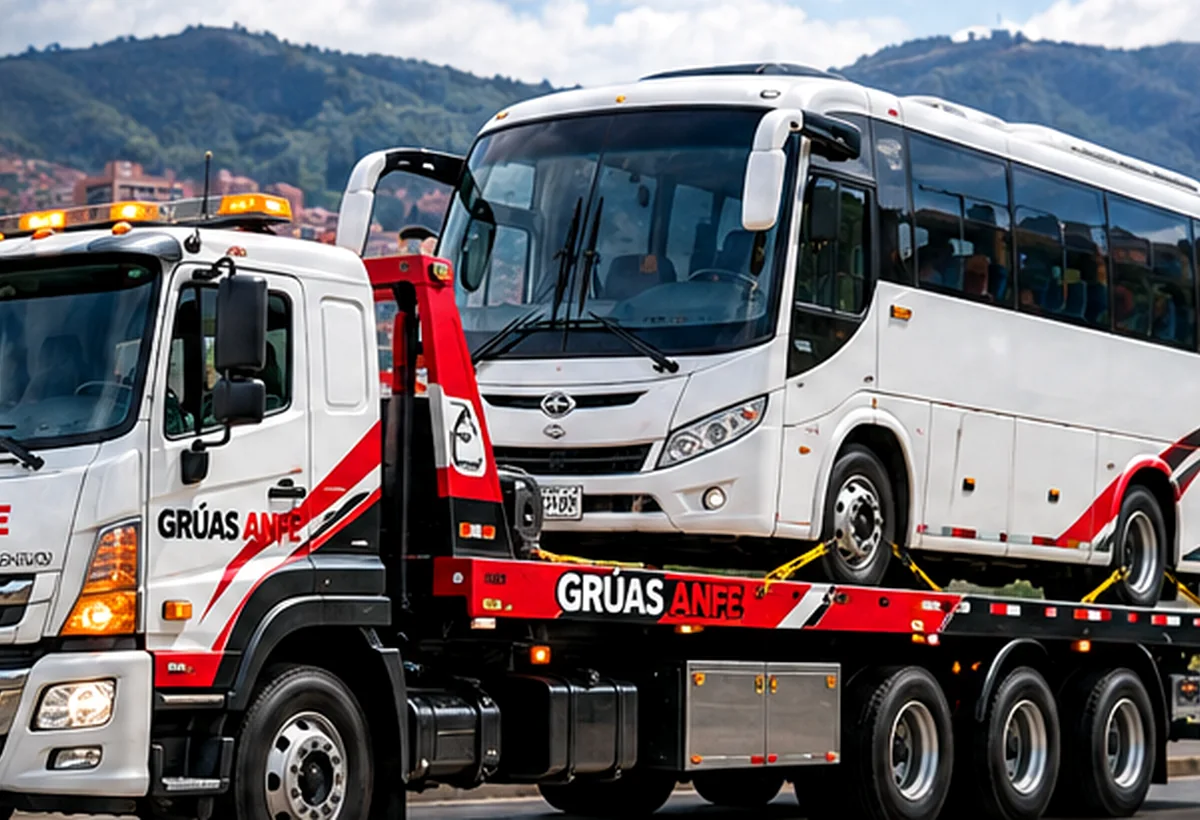 Ilustración generada con IA de una grúa especializada transportando un busetón